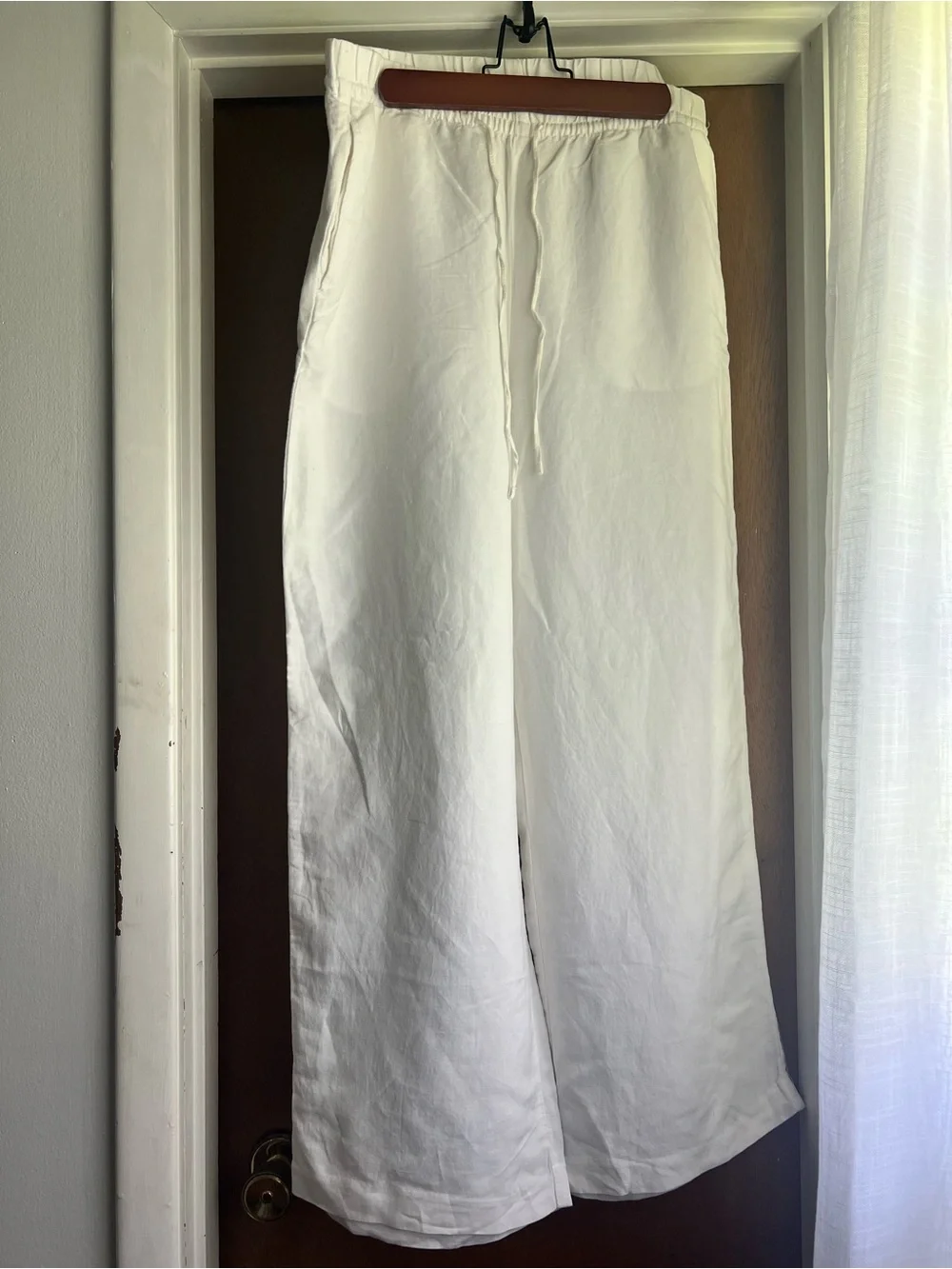 Women’s White Drawstring Wide-Leg Linen Pants